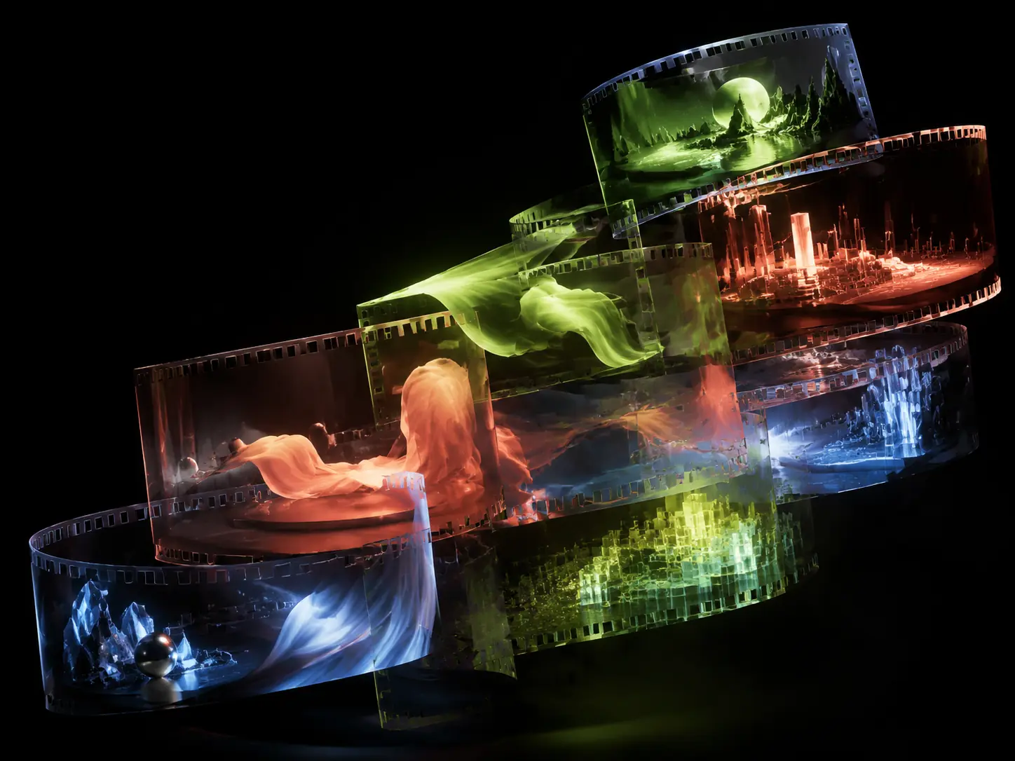 Sculptural translucent film frames containing colorful imagined worlds