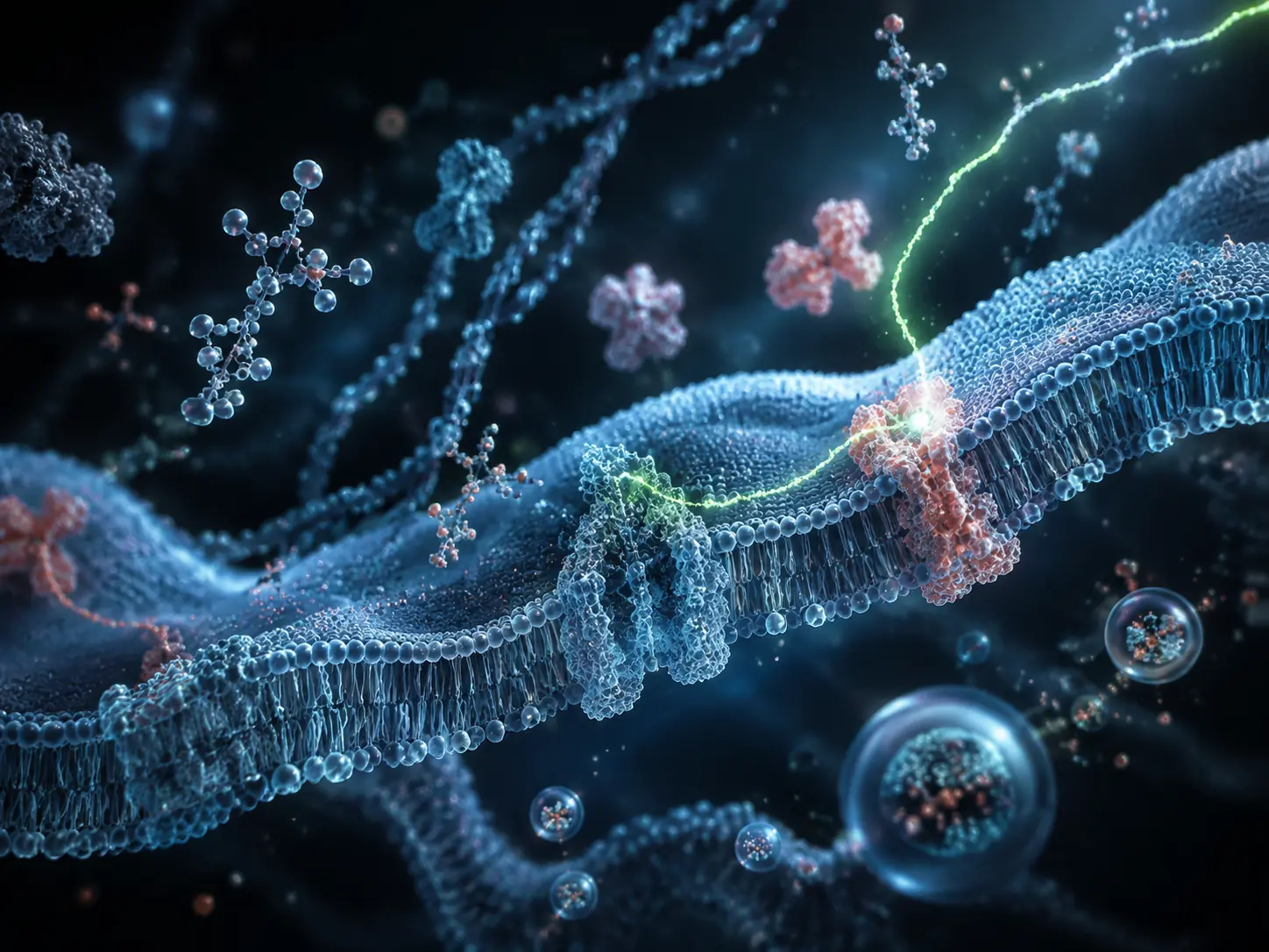 Detailed cinematic visualization of a cellular membrane and molecular structures