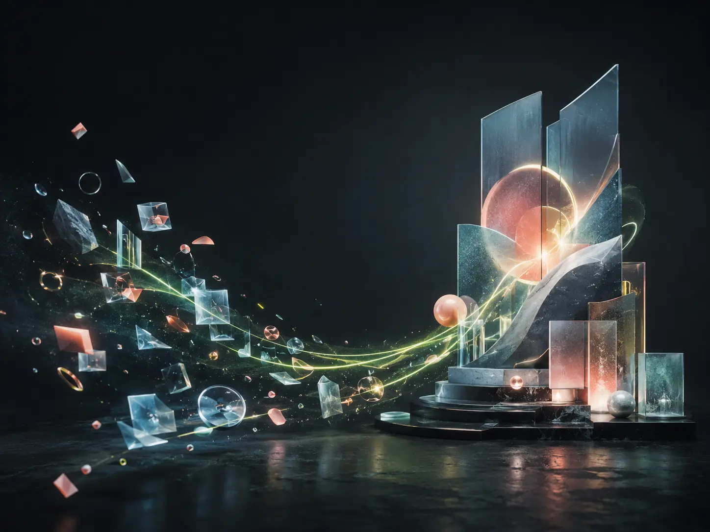 Fragments of luminous scenes following a curved path toward one resolved final image